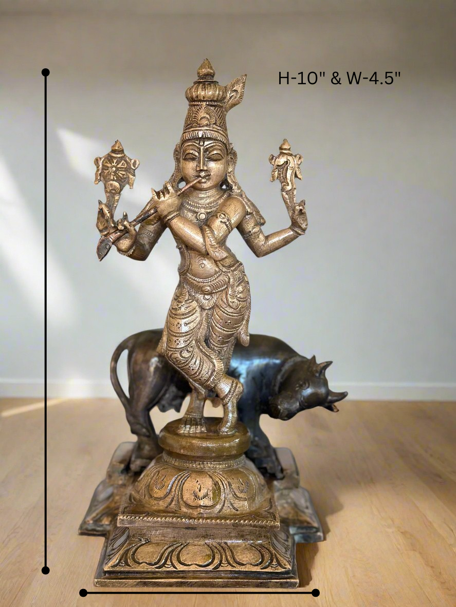 Bronze Lord Krishna with Cow -Lost Wax Method 10" - The Golden Heritage #