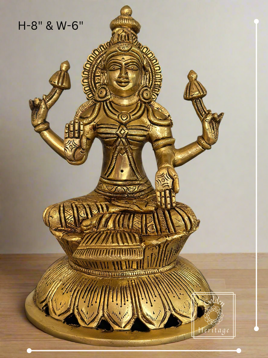 Brass Pandmasana Lakshmi sitting on a lotus flower 8" - The Golden Heritage #