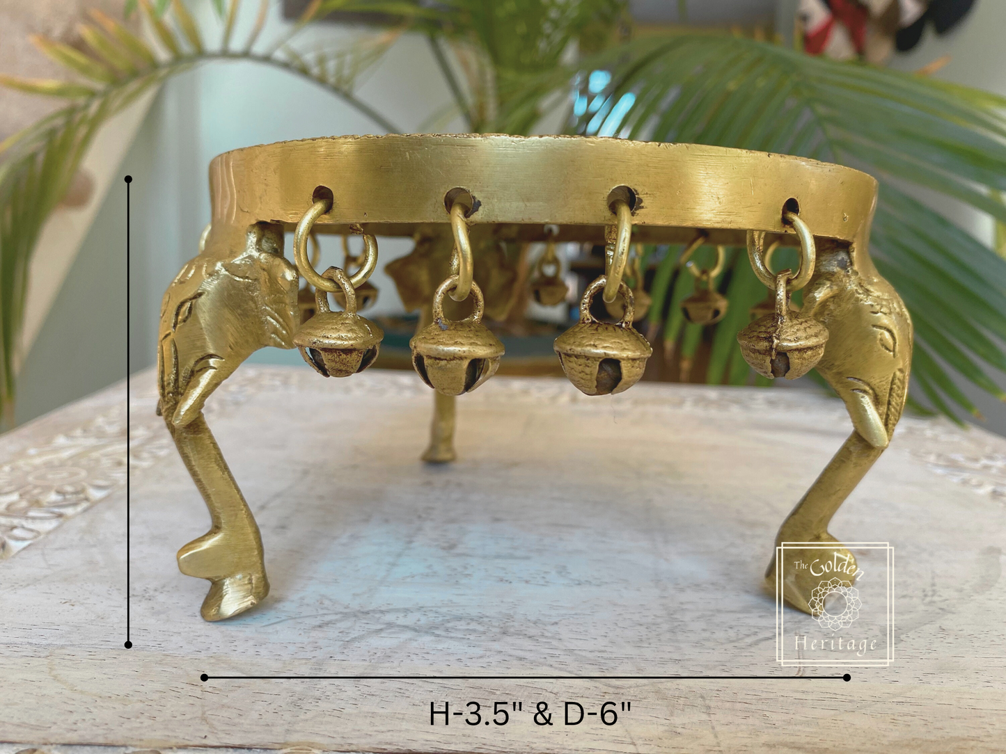 Elephant Pillars Design Pooja Chowki, Round Pedestal - The Golden Heritage #