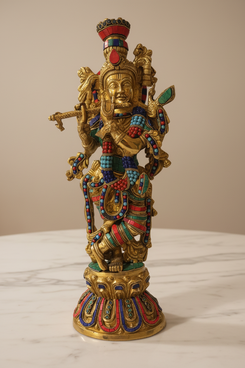 Brass Krisha idol with Prabhavali, Murli Krishna statue