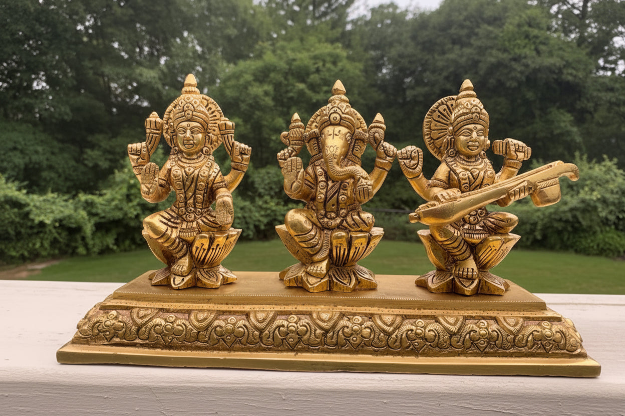 Ganesha, laxmi & Saraswati chowki, Brass Ganesha,Lakshmi & Saraswati plate