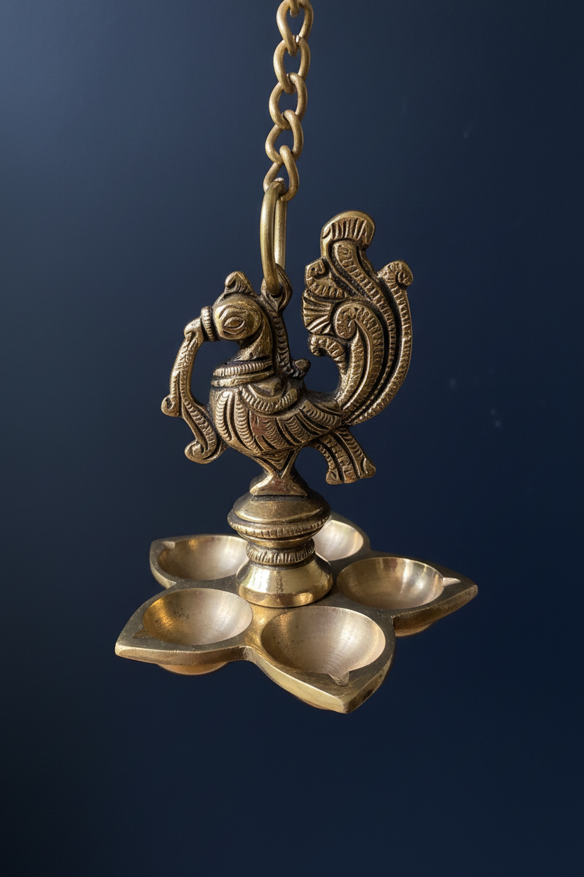 Set of 2 Peacock Brass hanging Diya set, Traditional Indian Décor, 5 Wick Diya's