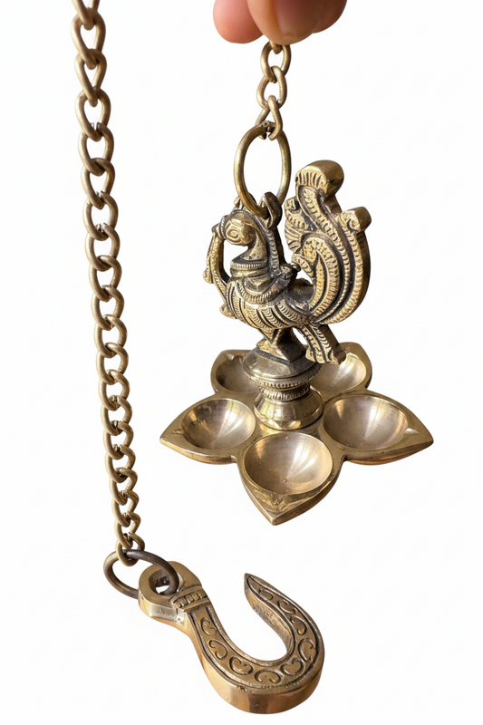 Set of 2 Peacock Brass hanging Diya set, Traditional Indian Décor, 5 Wick Diya's