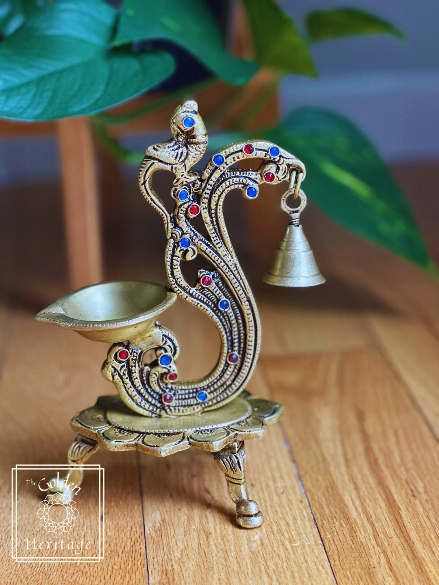 Peacock Diya with bell, Brass Pooja Lamp - The Golden Heritage #