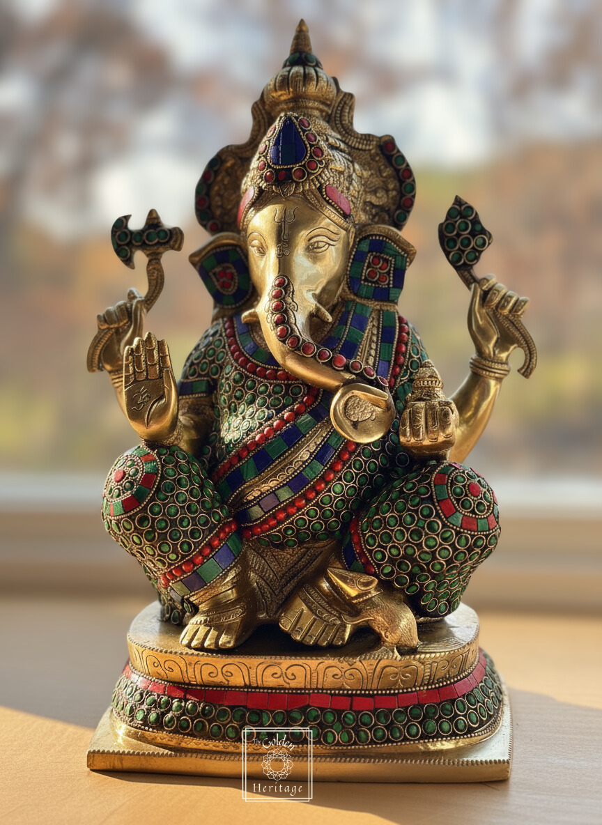 Brass Ganesha State with Stonework 16"