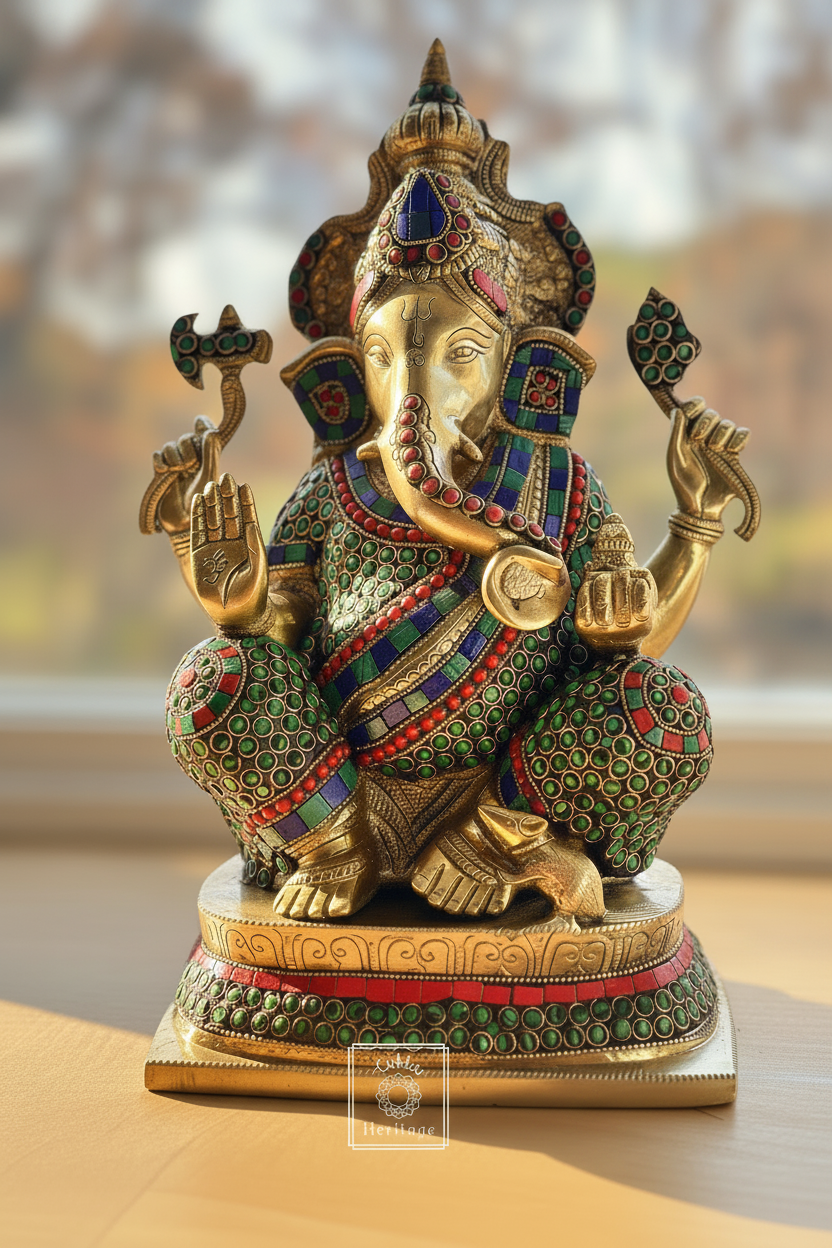 Brass Ganesha idol with Stonework 16"