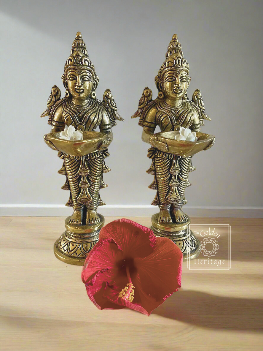 Lakshmi Statue Holding Lamp with 2 Parrots on Shoulders - The Golden Heritage #