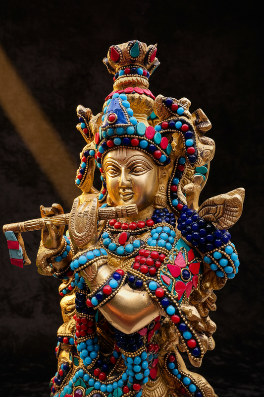 Brass Krishna Statue with Stonework 18” - The Golden Heritage #