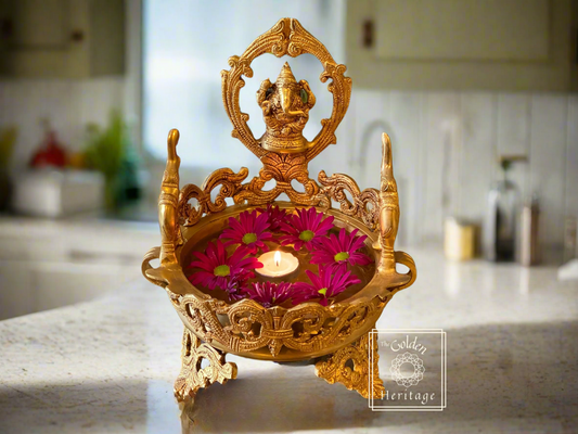 Ganesha & elephants Design Urli, Religious Ceremony Bowl - The Golden Heritage #