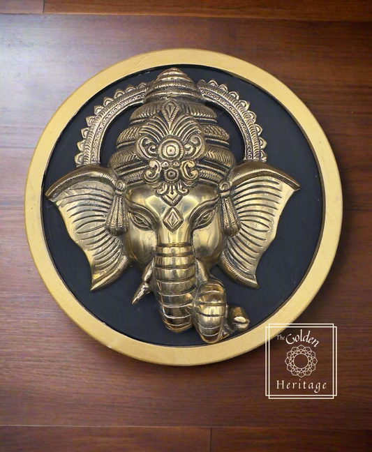 Ganesha head Wall Hanging with wooden round frame - The Golden Heritage #