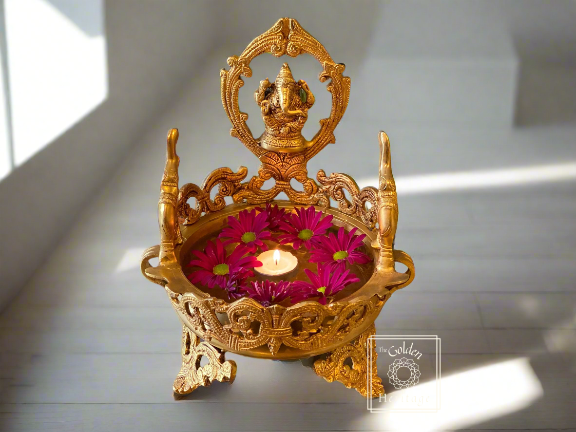 Ganesha & elephants Design Urli, Religious Ceremony Bowl - The Golden Heritage #