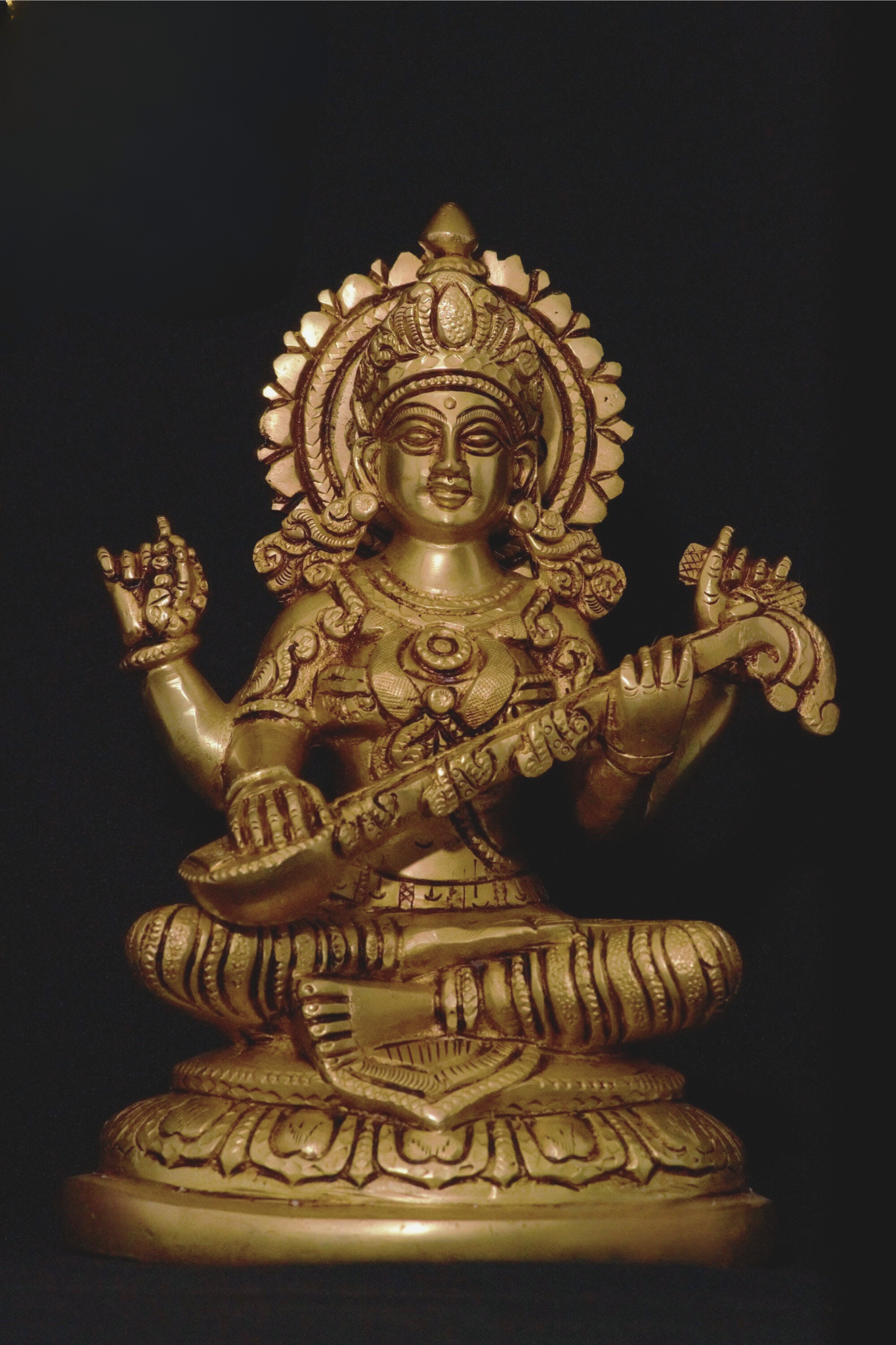Brass Sarasvati idol with veena 8" - The Golden Heritage #