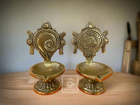 Set of 2 Brass (Shankha and Chakra) Diyas set - The Golden Heritage #
