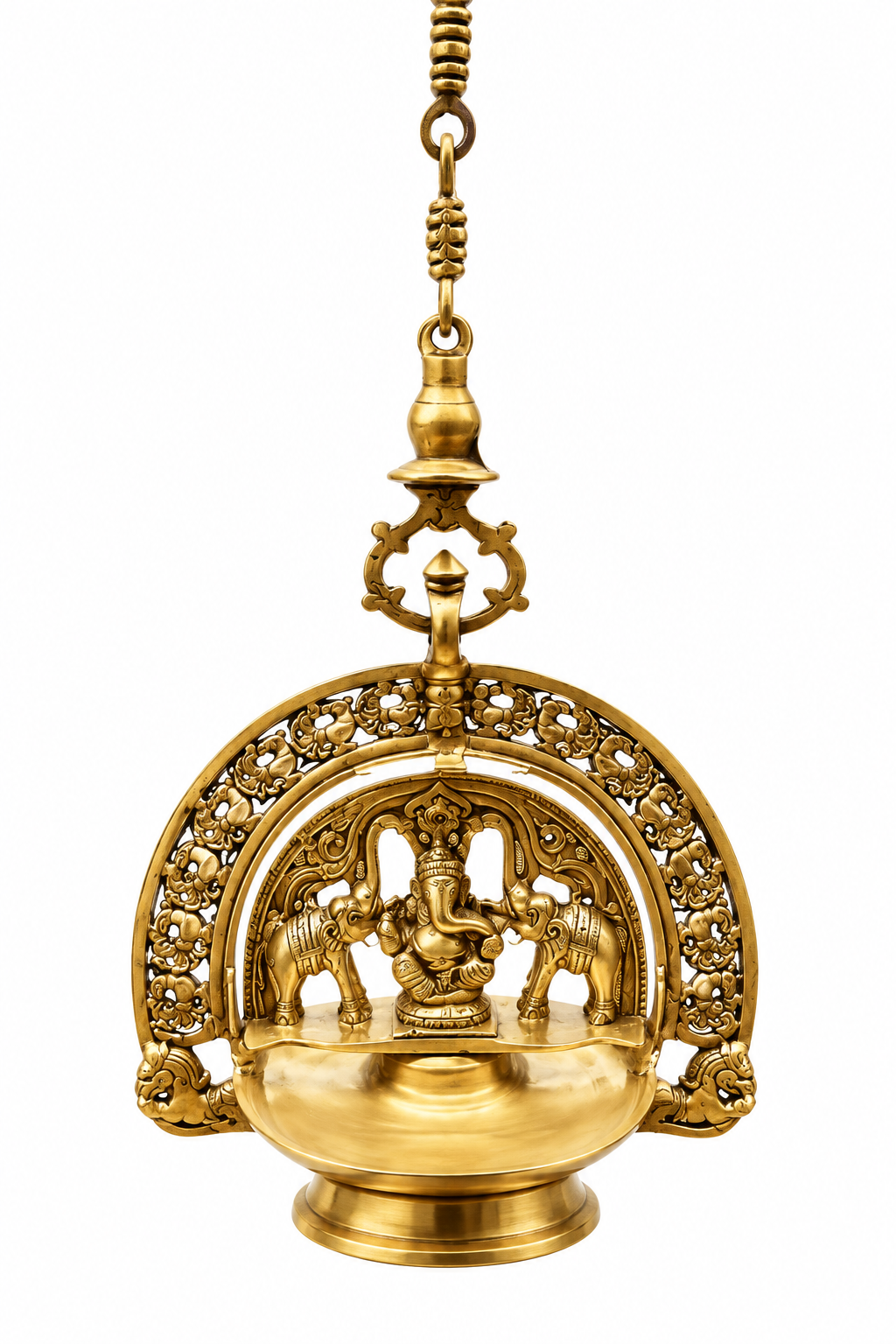 A brass hanging oil lamp featuring a sculpture of Ganesha with peacocks, elephants , lions and Yali