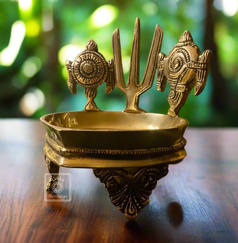 Brass Shankh Chakra Namah Diya, Oil wick lamp - The Golden Heritage #