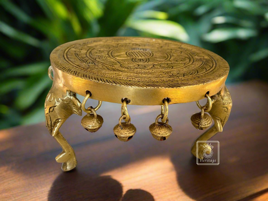 Elephant Pillars Design Pooja Chowki, Round Pedestal - The Golden Heritage #