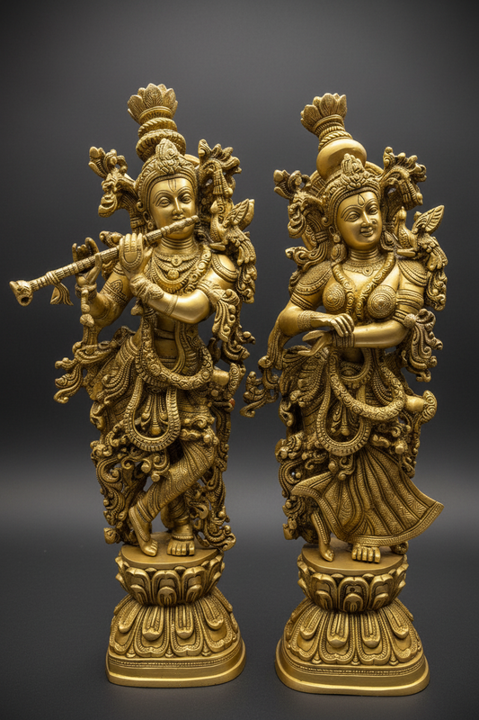 A pair of brass statues depicting the figures of Radha and Krishna, featuring intricate detailing and an antique finish.