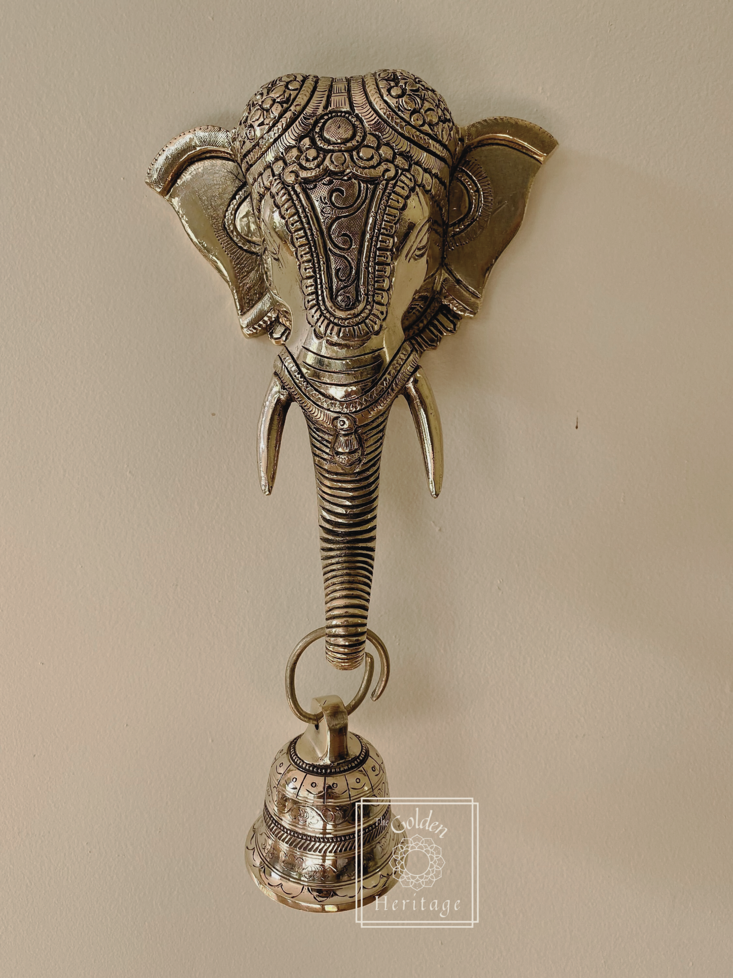Elephant Head with a Bell Wall Hanging, Door knocker 12" - The Golden Heritage #