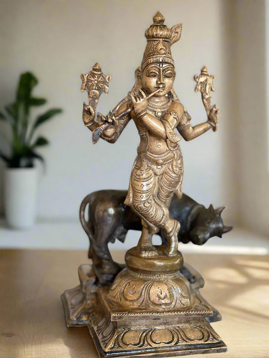 Bronze Lord Krishna with Cow -Lost Wax Method 10" - The Golden Heritage #