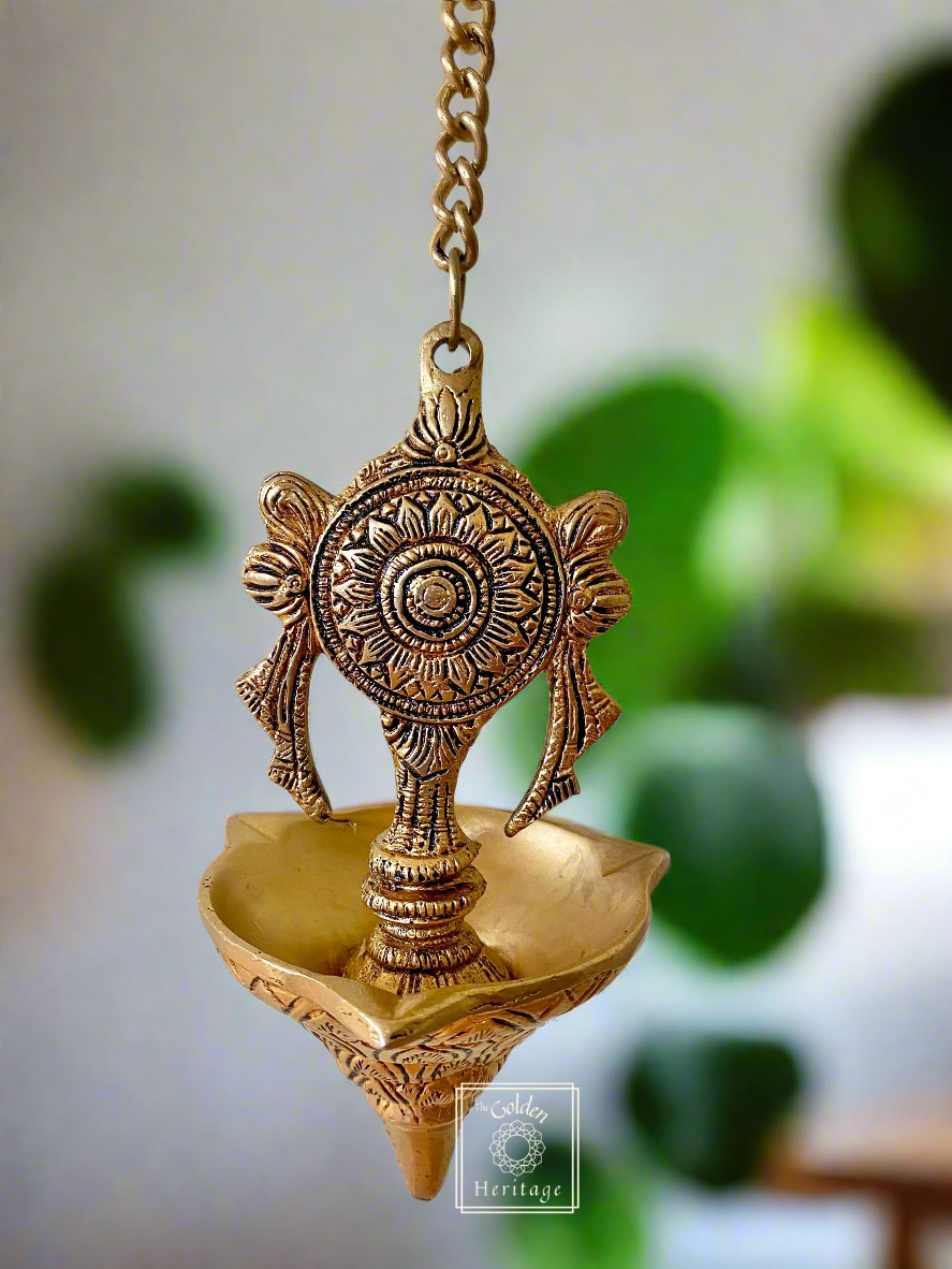 Set of 2 Brass Shanka-Chakra Lamps - The Golden Heritage #