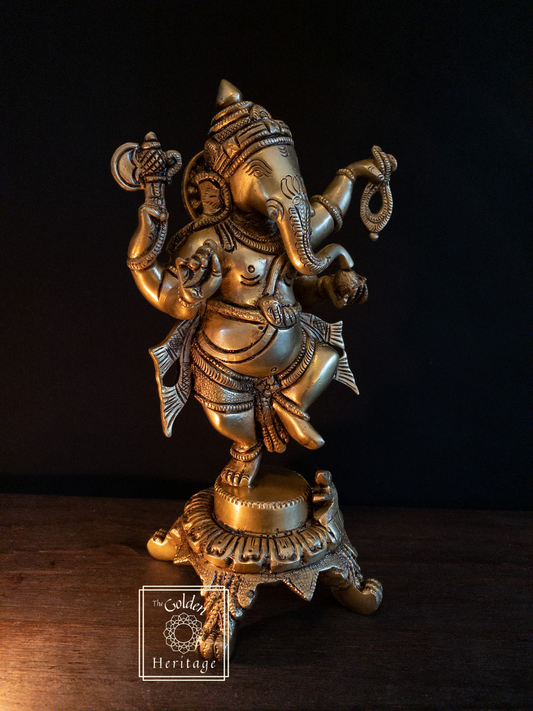 Traditional Brass Dancing Ganesha Statue 8" - The Golden Heritage #