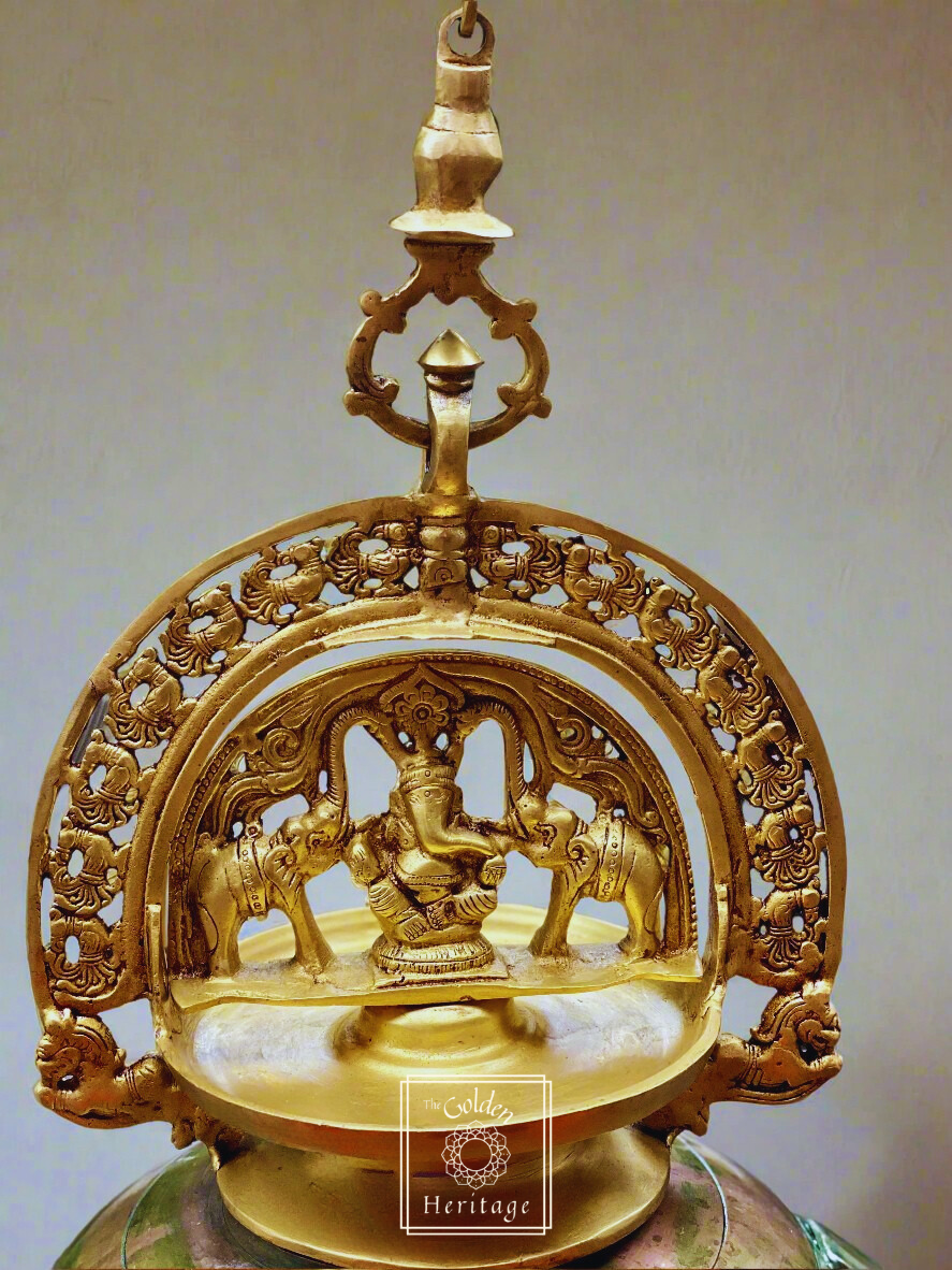 Ganesha Hanging Oil Lamp With Peacocks & Elephants - The Golden Heritage #