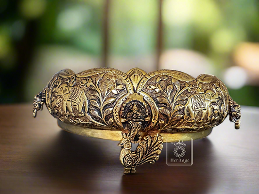 Ganesha, Peacocks & Elephants Design Urli 8"