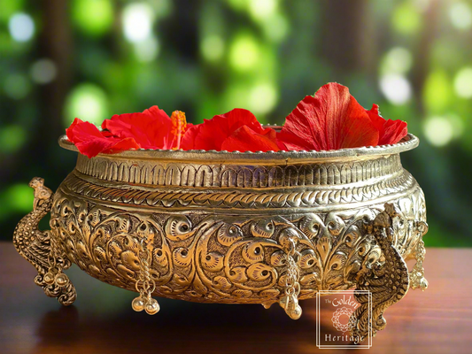 Beautiful German Silver Urli with Peacock design legs - The Golden Heritage #