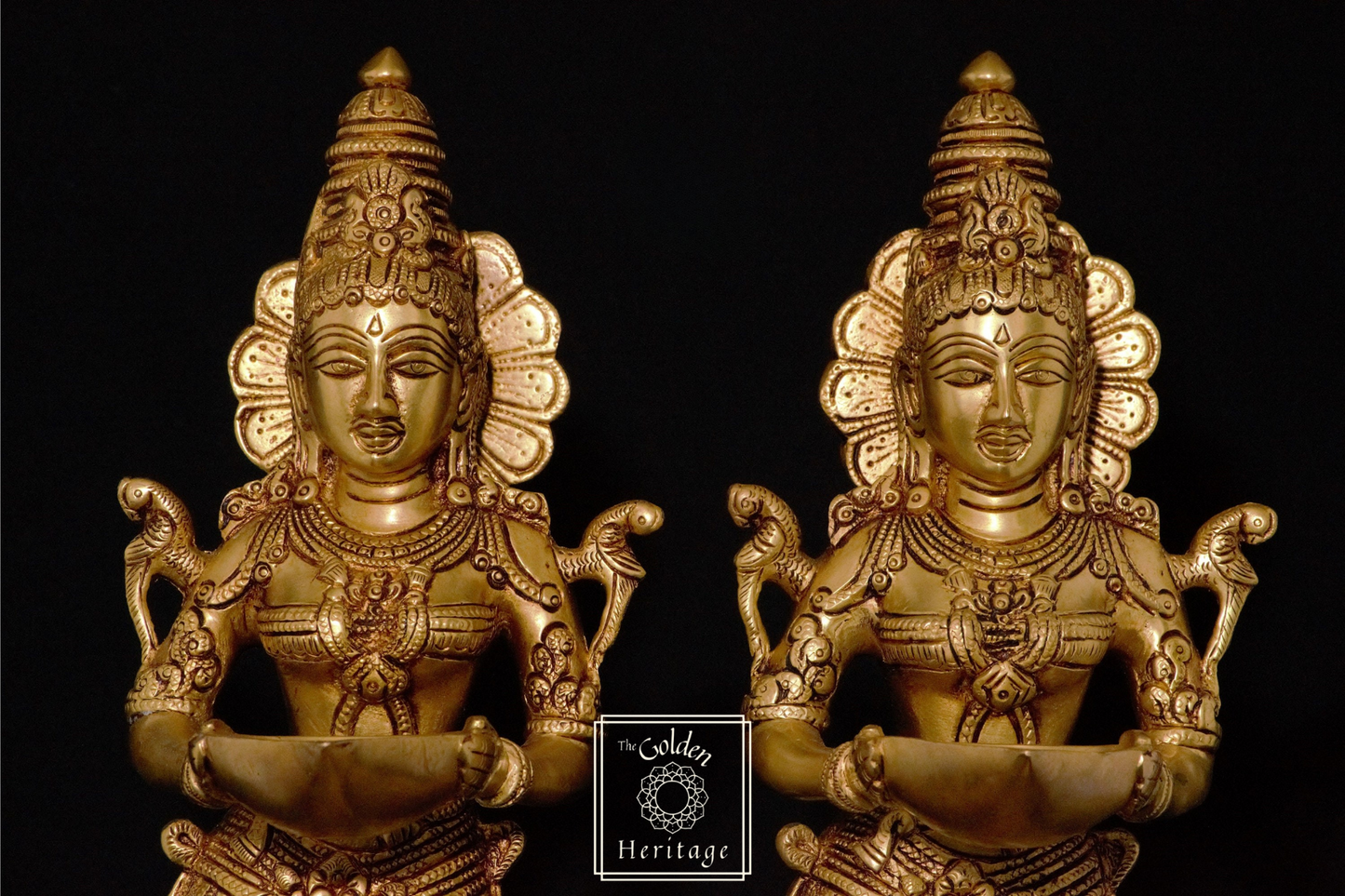 Lakshmi Statue Holding Lamp with 2 Parrots on Shoulders - The Golden Heritage #
