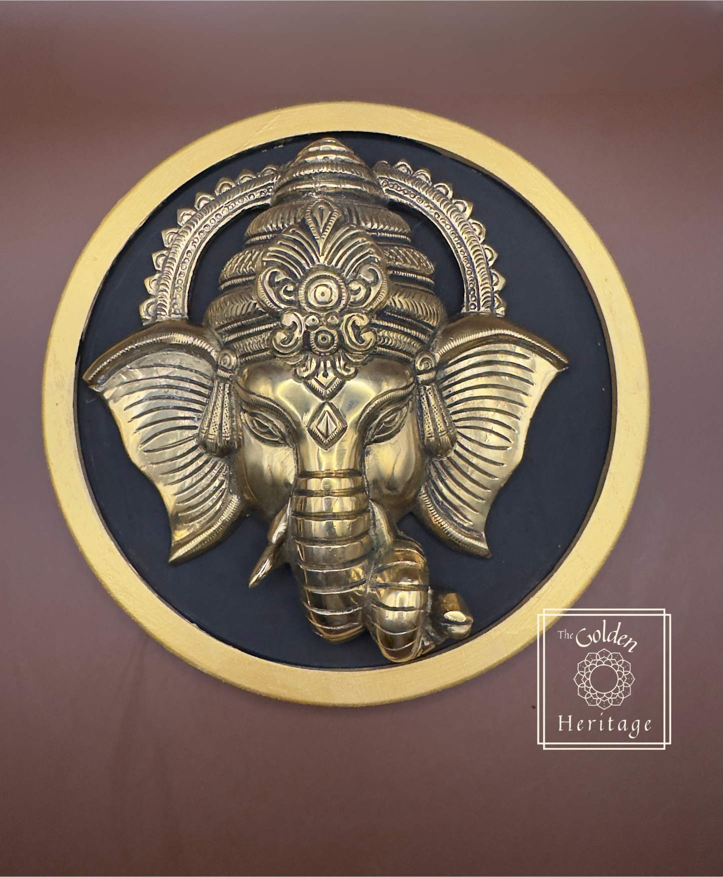 Ganesha head Wall Hanging with wooden round frame - The Golden Heritage #