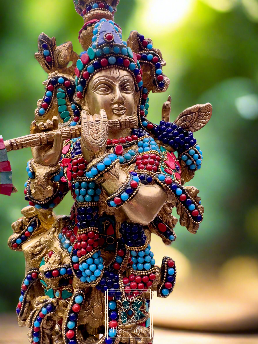 Brass Krishna Statue with Stonework 18” - The Golden Heritage #