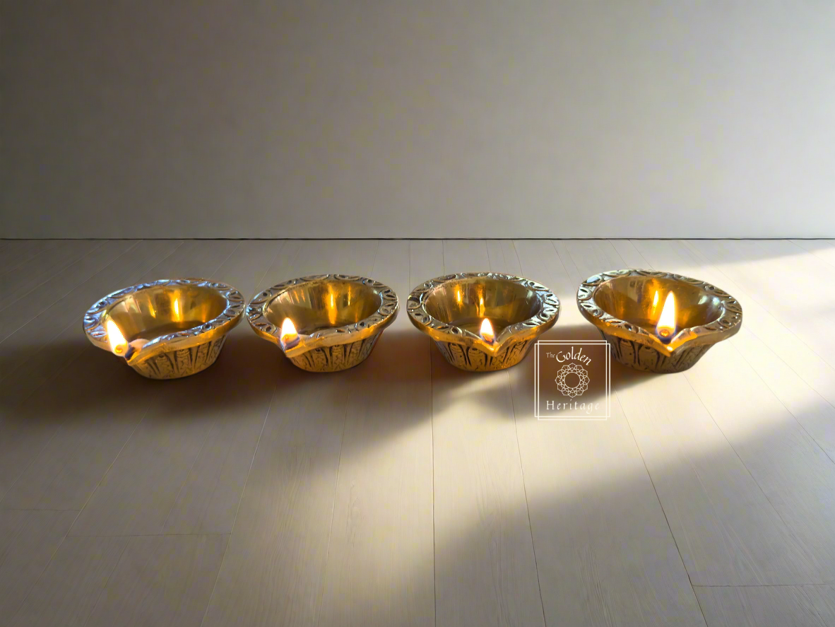 Swastika carved Diya, Brass oil lamp - The Golden Heritage #