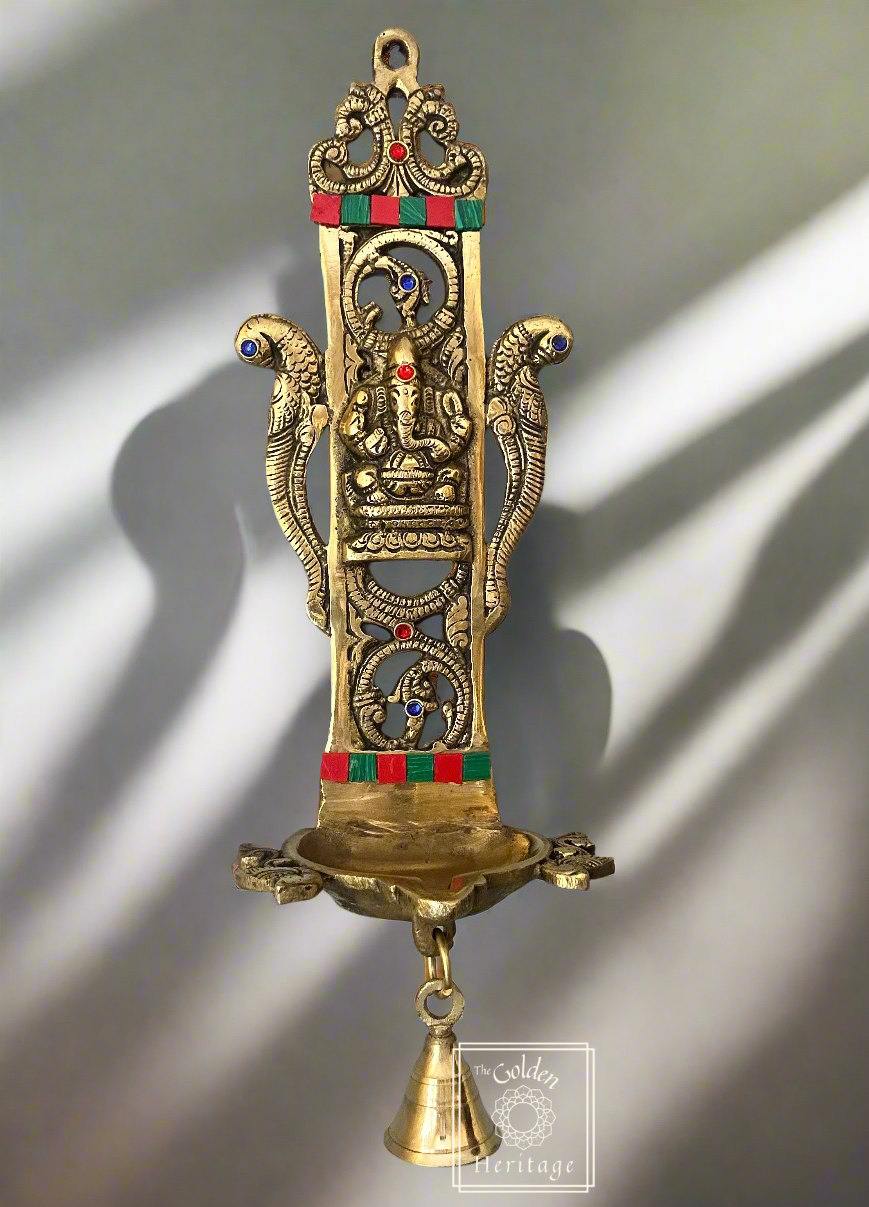 Wall Hanging Diya with Ganesha, Bell & Stonework Lamp - The Golden Heritage #