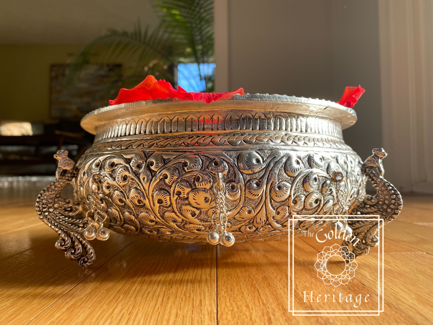 Beautiful German Silver Urli with Peacock design legs - The Golden Heritage #