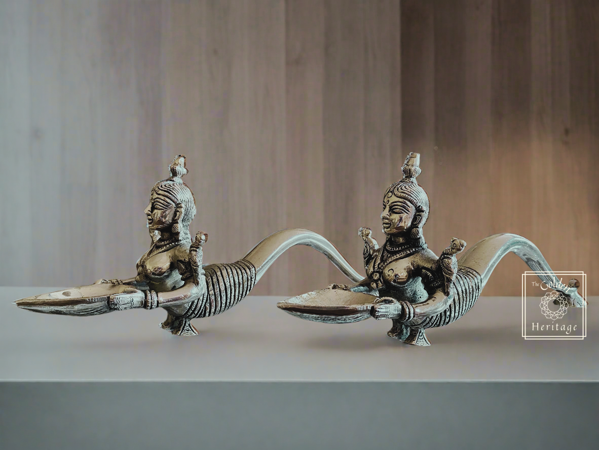 Deeplakshmi Diya, Indian Goddess With Twin Parrots lamp - The Golden Heritage #