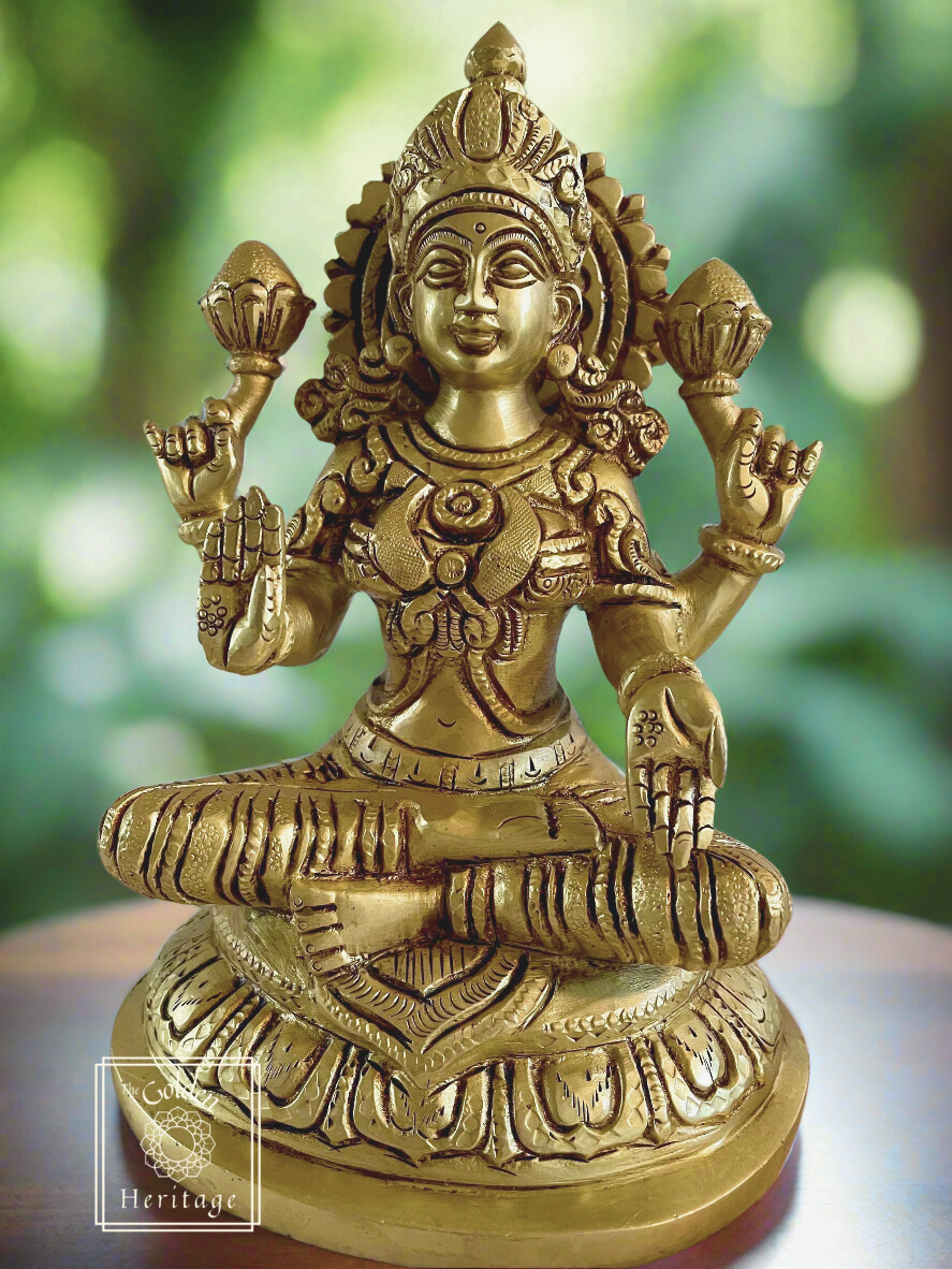 Brass Goddess Lakshmi sitting on a lotus flower - The Golden Heritage #