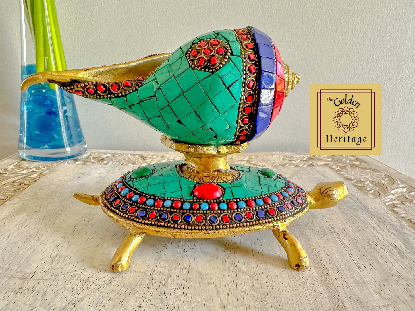 Brass Stonework Shankha or Conch with Turtle - The Golden Heritage #