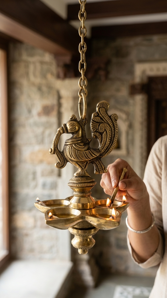 Set of 2 Peacock Brass hanging Diya set, 5 Wick Lamp
