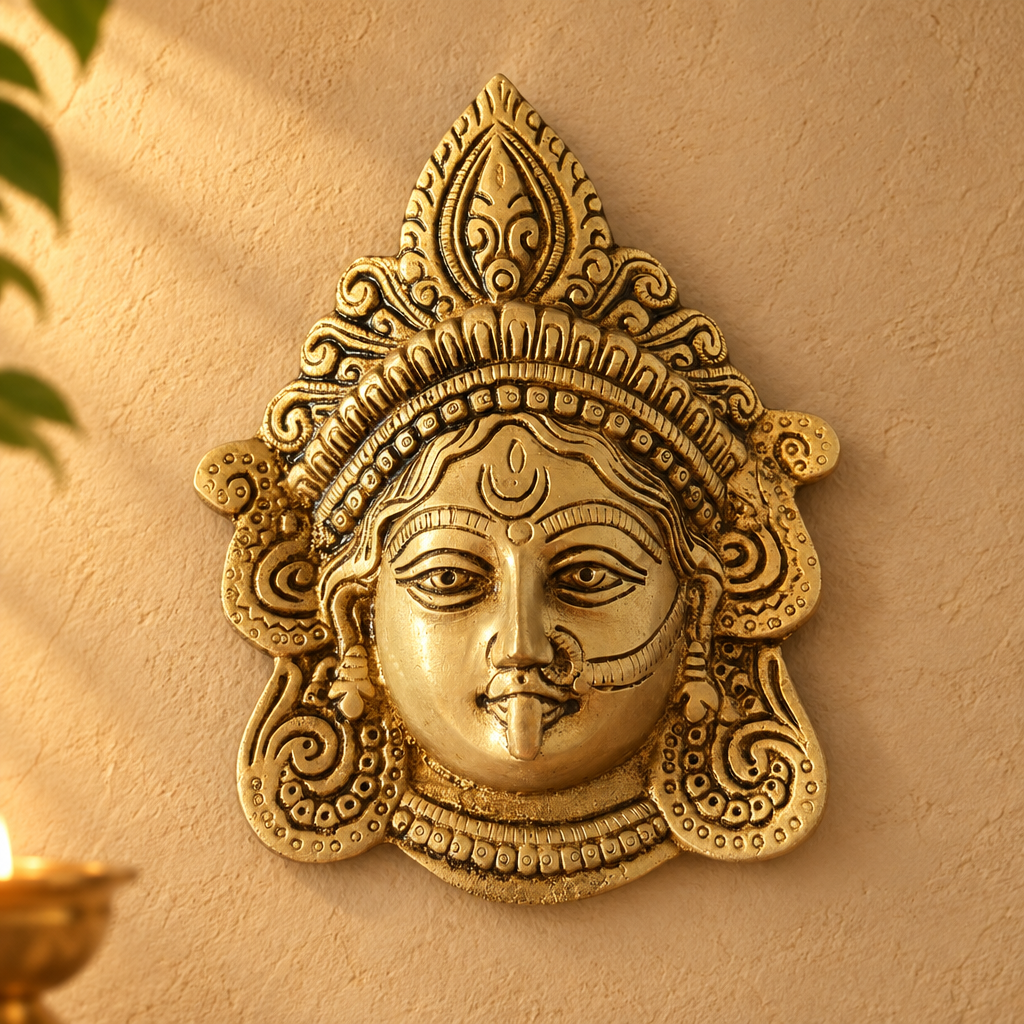 Kali face wall decor, use for Durga pooja, Brass decor