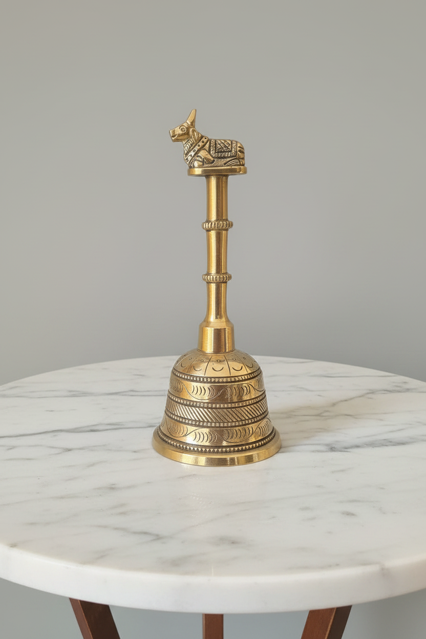 Handmade Solid Brass Temple Bell: Indian Pooja Decor (6 inches)