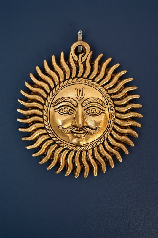 A gold-toned metal wall hanging depicting a sun face with radiating rays, shown against a dark blue background.