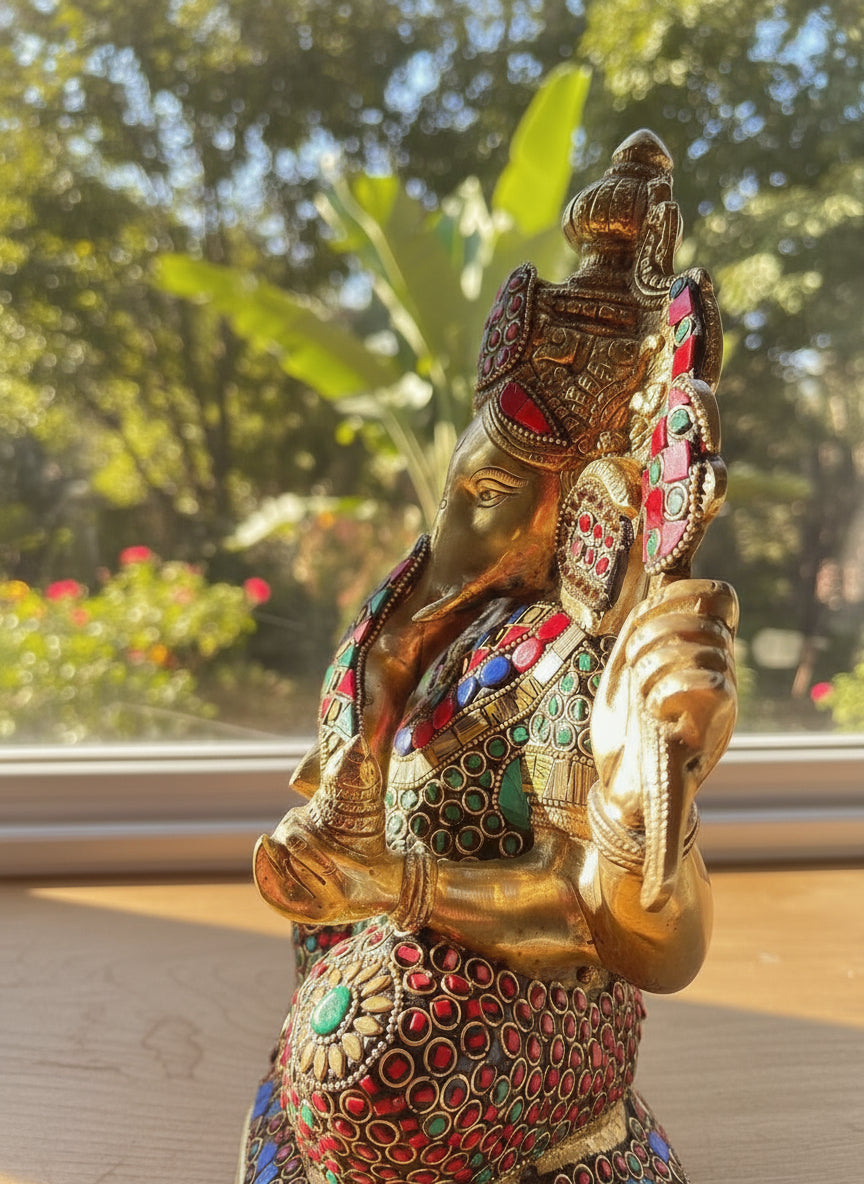 Brass Ganapati idol with Stonework 16"