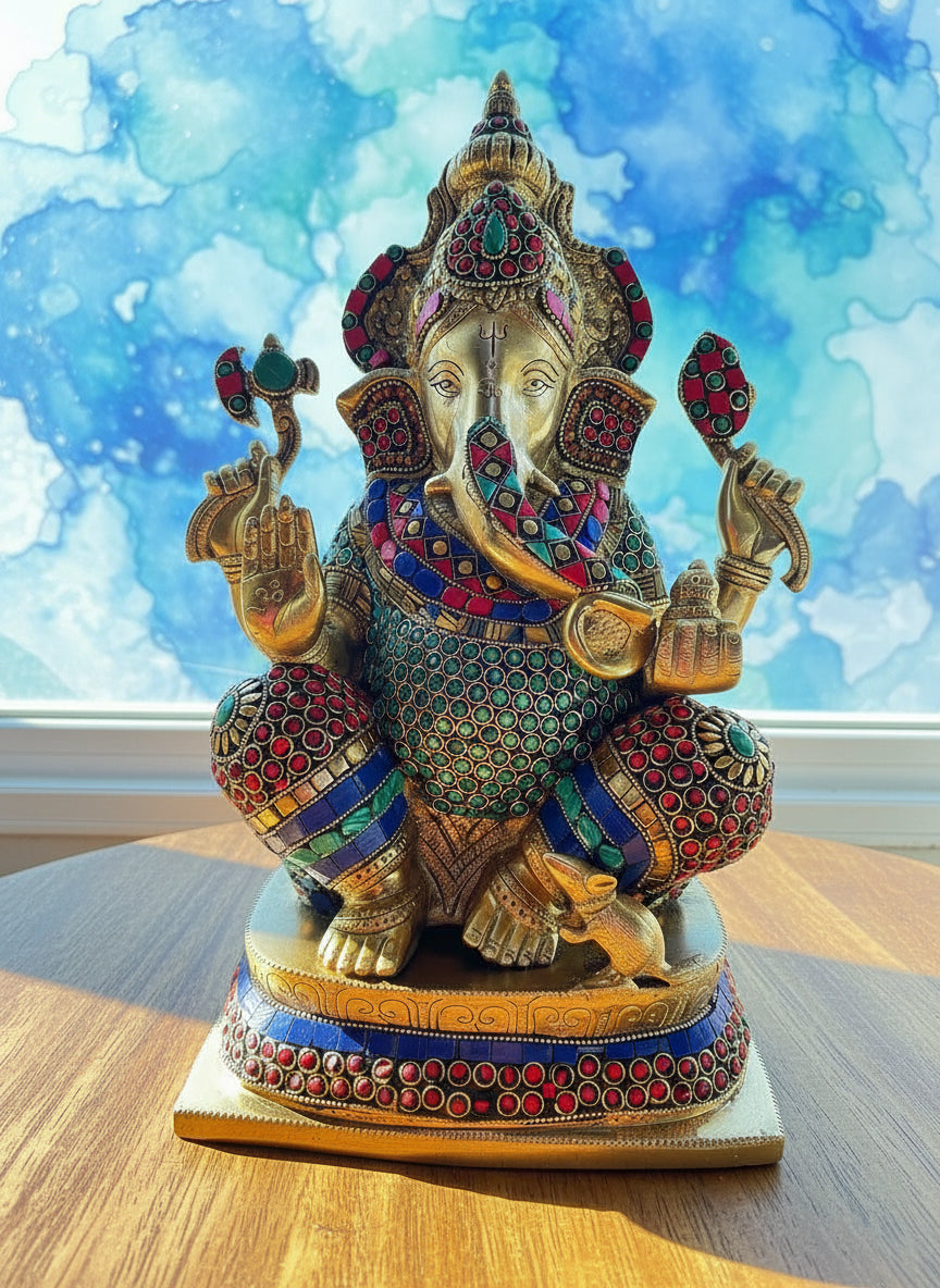 Brass Ganapati idol with Stonework 16"