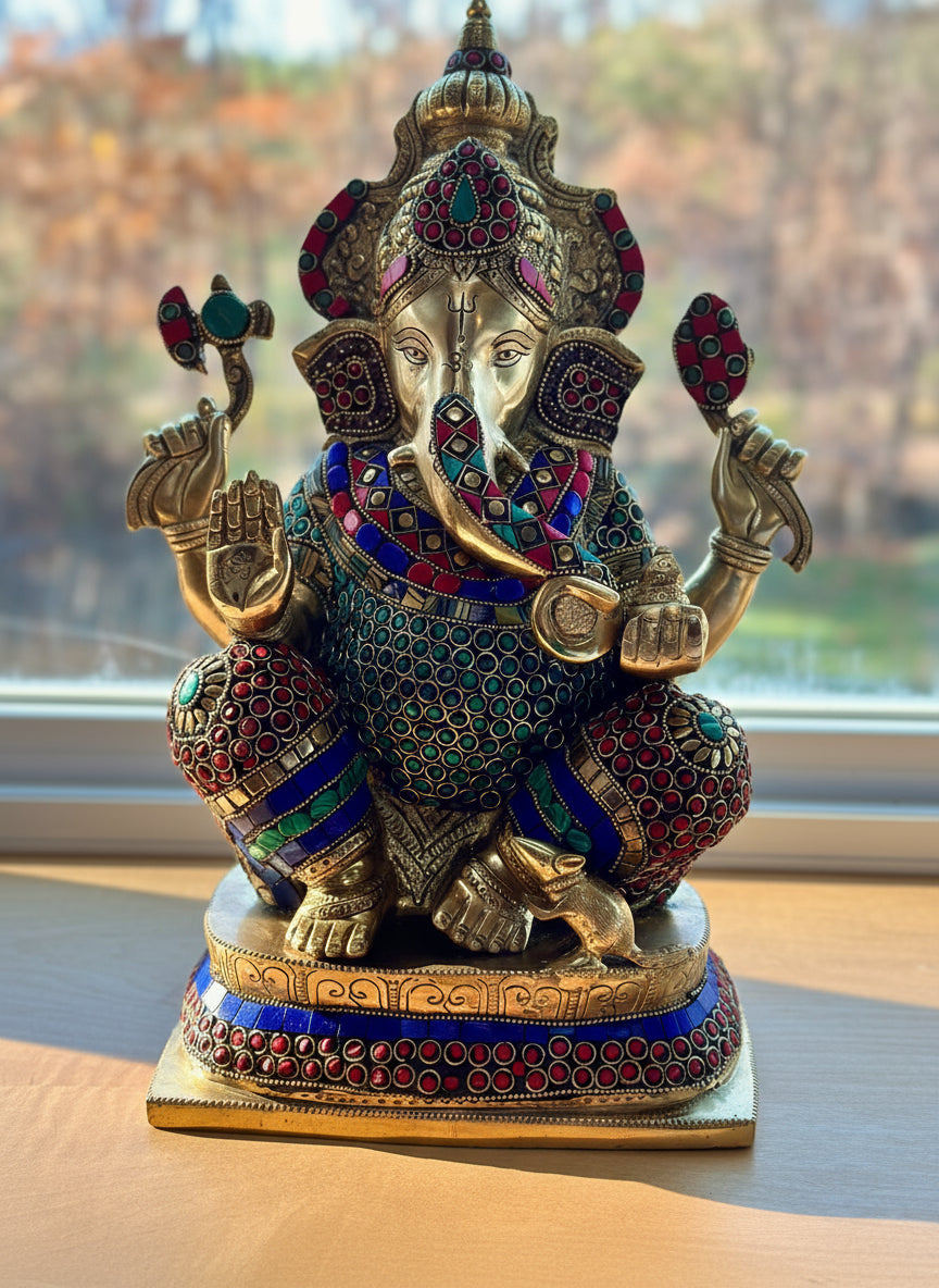 Brass Ganapati idol with Stonework 16"