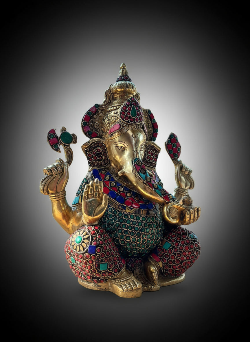 Brass Ganapati idol with Stonework 16"