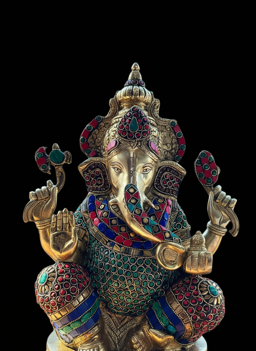 Brass Ganapati idol with Stonework 16"