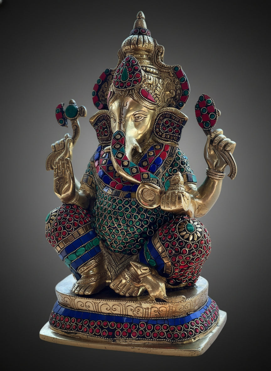 Brass Ganapati idol with Stonework 16"