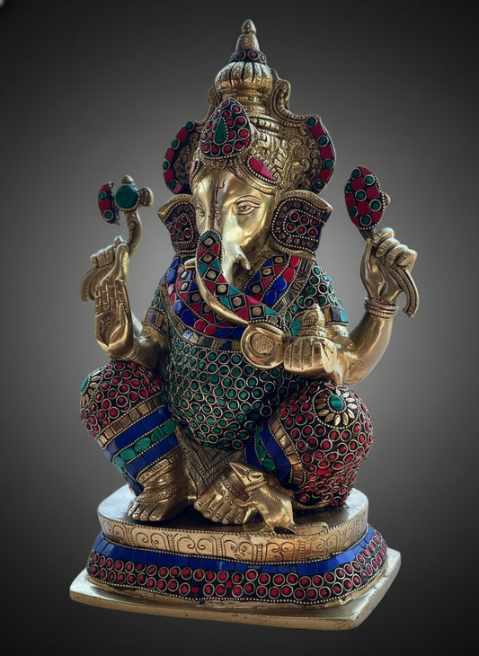 Brass Ganapati idol with Stonework 16"