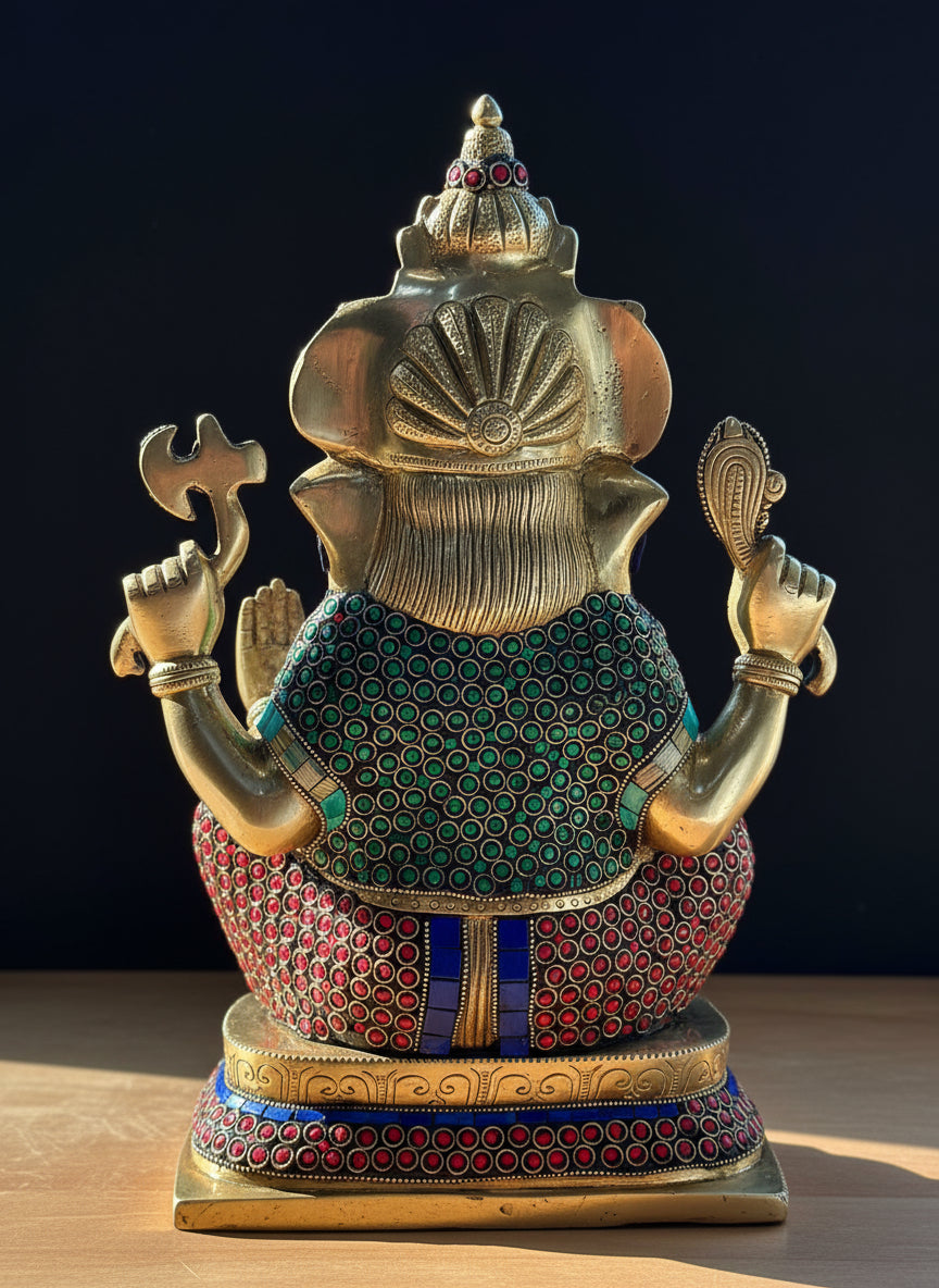 Brass Ganapati idol with Stonework 16"
