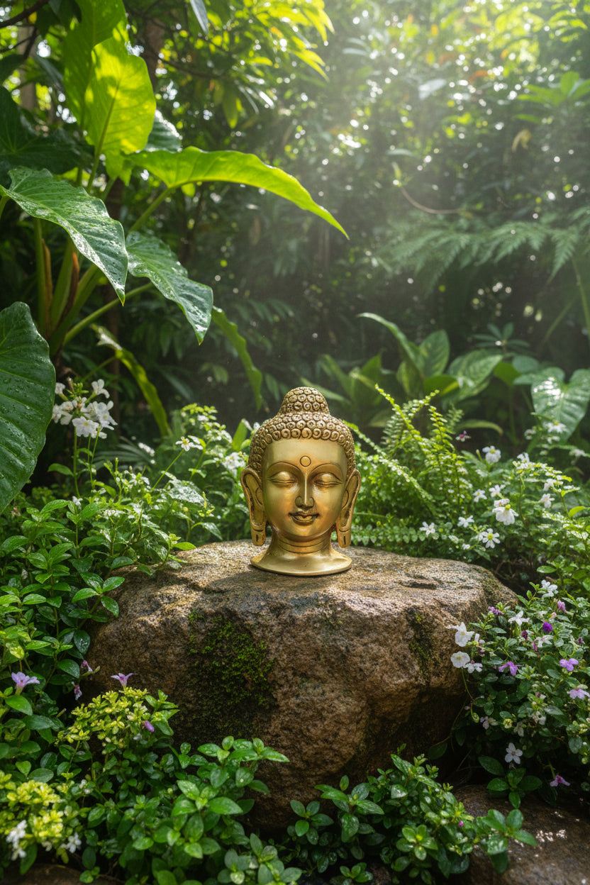 A small golden Buddha head statue with closed eyes, standing on a dark reflective surface against a plain light gray background.